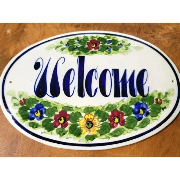 WELCOME SLATE SIGN Flowers Hanging Garden In/Outdoor Hand Paint Oval - Picture 1 of 8